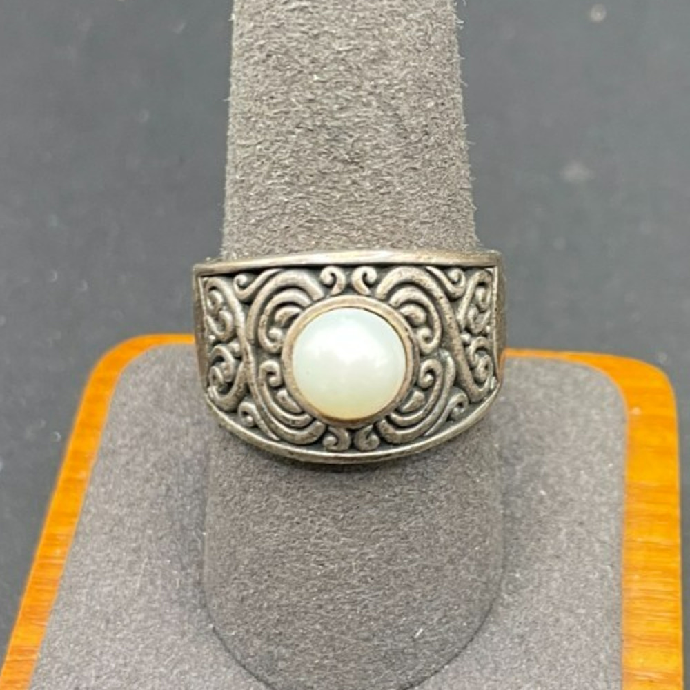 Vtg Sterling Silver 925 Pearl Filigree Scroll Statement Band Ring Sz 9.5